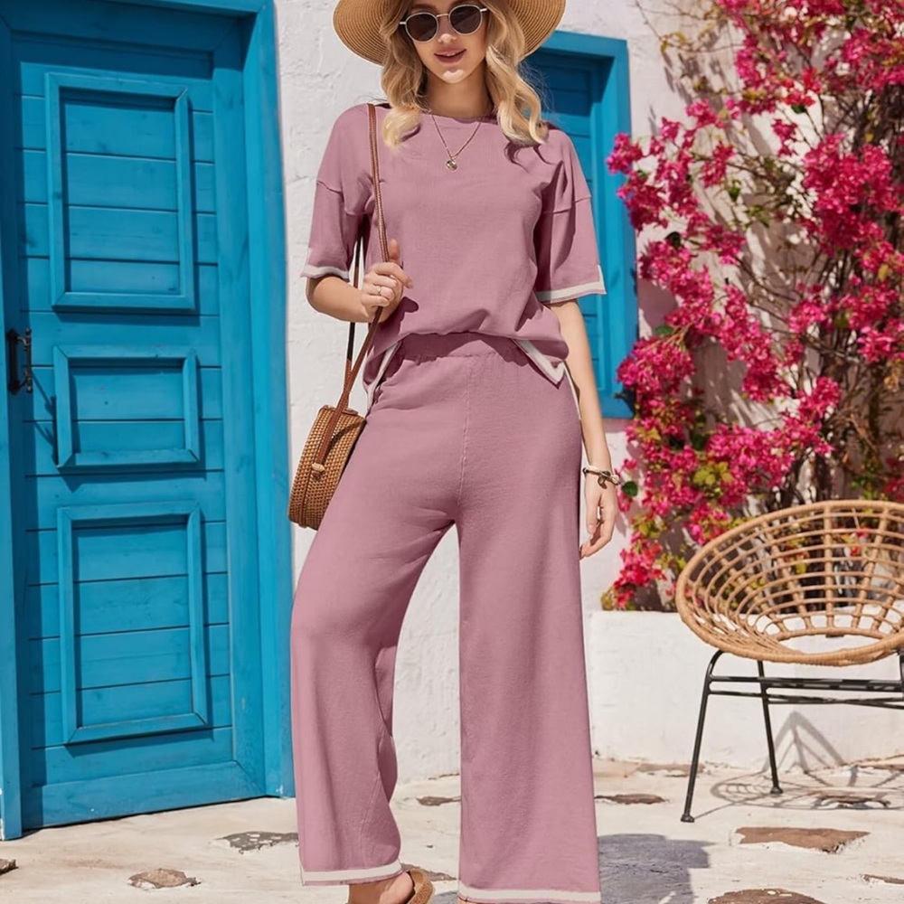 Ekouaer 2 Piece Knit Short Sleeve Sweater Top Wide Leg Pant Loungewear